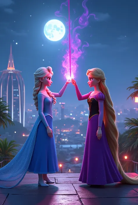 Cartoon characters in the style of Disney + Pixar,Elsa and Rapunzel release power holding purple and red magic wands at night at a rooftop in Thailand,3D visualization  