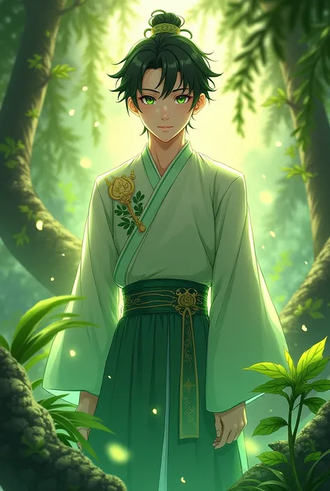 If Aryan Marak 8 is a male version with an aura of righteousness and life force, green and plant, along with a Chinese manga style dress, aged 15-18(Anime images)