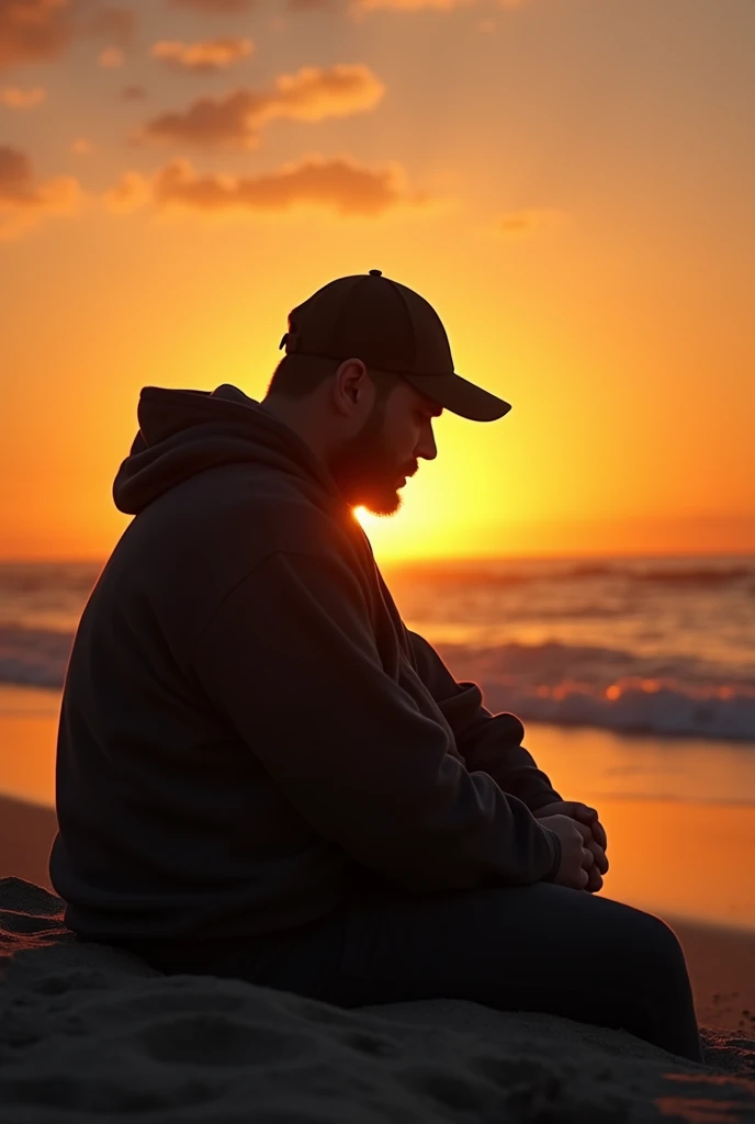 realism sunset at the beach semi big belly  guy sitting silhouette with hoody and cap