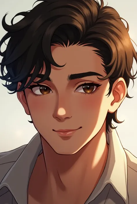 draw a handsome 17-year-old guy with dark brown wavy hair just a little longer than his ears, draw a 17-year-old handsome guy with dark brown eyes and a cunning smile , rounded face
