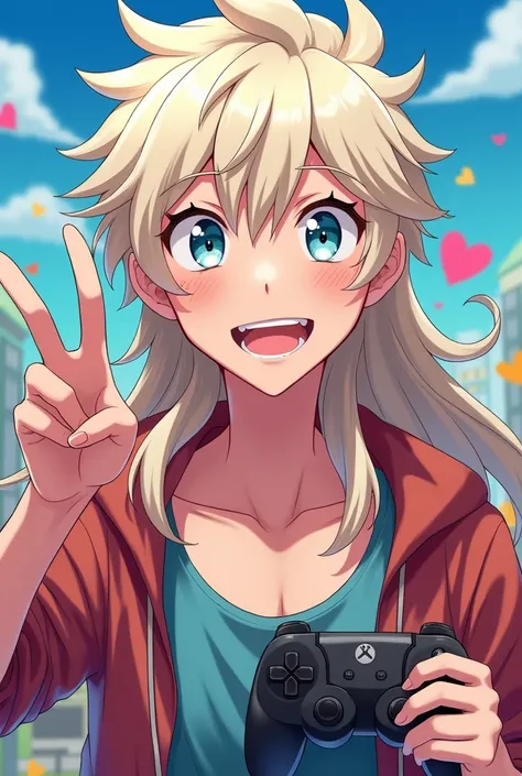 A profile picture,  ,  Which shows a man with long , White,  blond hair and a very cheerful grin  . He has blue-gray eyes   . It is in anime style   .    The boy makes a peace sign with one hand and holds a video game controller in the other.  the backgrou...