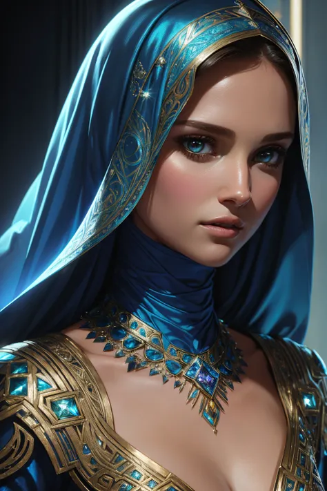 3D portrait Natalie Portman, wearing hijab made of blue with jewelry and diamonds transparent sexy costume, against the background of Burj Khalifa, 9 9 9 9 s, wavy hair, intricate, elegant, highly detailed, digital painting, artstation, concept art, smooth...