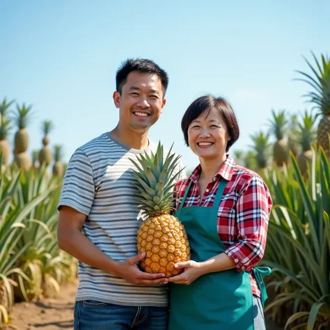 The photo is bright and clear, with a sense of brightness. A Taiwanese couple, the Asian husband is 40 and the wife is 55, standing together, smiling happily (the man is wearing a gray and white horizontal striped shirt and jeans, the woman has short hair,...