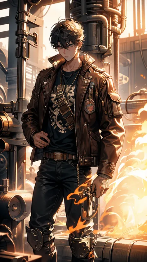 “A young, determined engineer from the working class in a steampunk world. He wears a worn-out leather jacket and work boots, with grease stains on his hands and clothes. His brown hair is slightly messy, and his face shows both resilience and fatigue from...