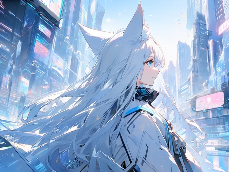 Het Phone, White Beard, Long Hair, Blue Eyes, Cat Ears, Side View, Future City, Upper Body Woman