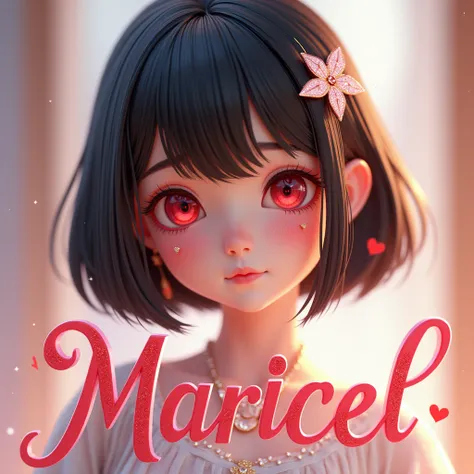 Generate a 3D name with serif font MARICEL with1girl, Solo, Blush, Short Hair, Bangs, Simple background, Red Eyes, Jewelry, Hairband, Sparkle, Dutch Angle, Best Quality, 