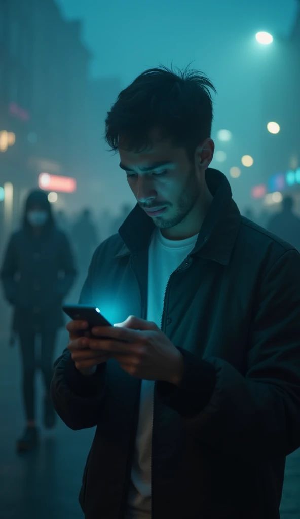 "A foggy, cinematic shot of a person scrolling through their phone, a look of anxiety creeping onto their face as they view a product advertised as exclusive or limited. The scene is shrouded in mist, with the glowing screen casting an eerie light on their...