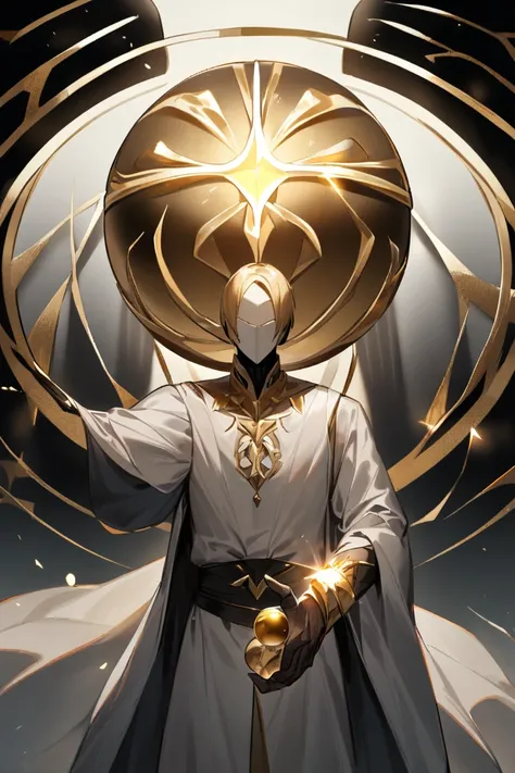 1boy, male focus and his arm is extending out and hoding a golden orb that is shining and it is front view, his face can be seen and look like a human