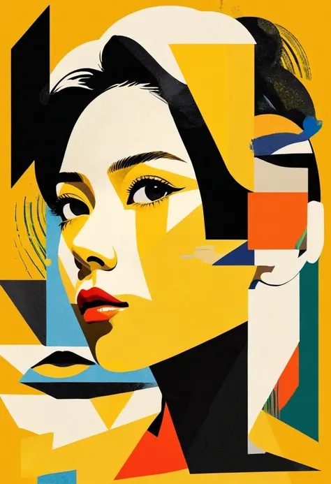 Thai woman：dadaist。Minimalist geometry，multi-layered collage，Vector portrait，Geometric Dislocation，Collage，Artistic sense，Painting，paint yellow background 