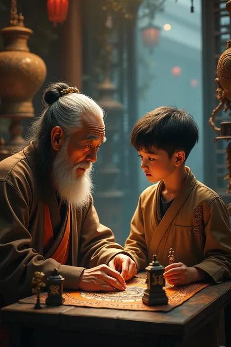 Draw me an Old Man Busy with Chinese Antiques standing talking to the Boy around blurry