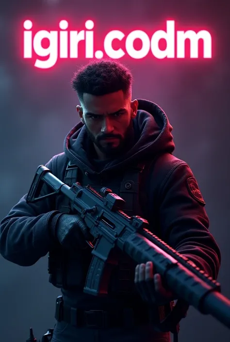 A realistic Call of duty mobile character "Igiri.Codm" written in neon colours above it with best bold font written with it. And the character is holding on to Legendary KRM
