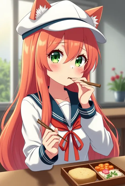  pink gold long haired charming high school girl with white hat with ears　White headgear with cat ears　 high school uniform 　 orange hair　Green Eyes　Eating a bento with friends in the classroom 　 high definition , masterpiece,  best quality, 