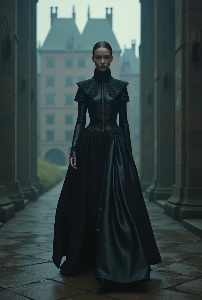 realistic fashion photography , full body , a female model wear ballerina dress  , imperial avant garde collar , paned sleeves big  , dress is inspired of the death concept , inspired fashion brand alexander McQuuen , leather fabric , black color , concept...