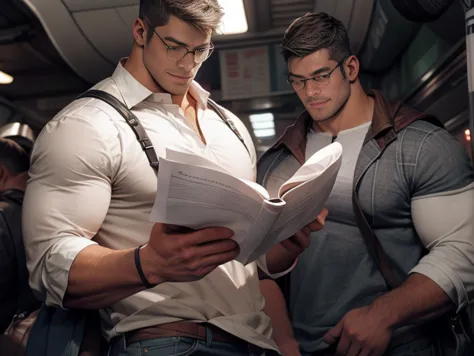 a hunk handsome man standed at metro readin a book, him have simple smile, wide soulders and slim waist, long legs, large chest,...