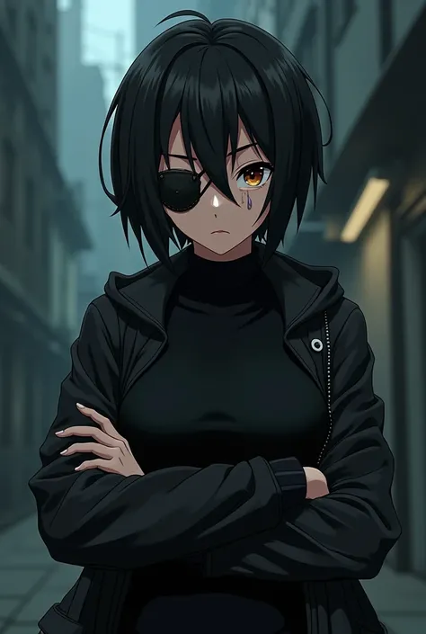 an anime girl with dark skin, arms crossed, wearing black clothes and jacket, black eyes, scar on her face, using a eye patch, short hair, turtleneck, muscular 