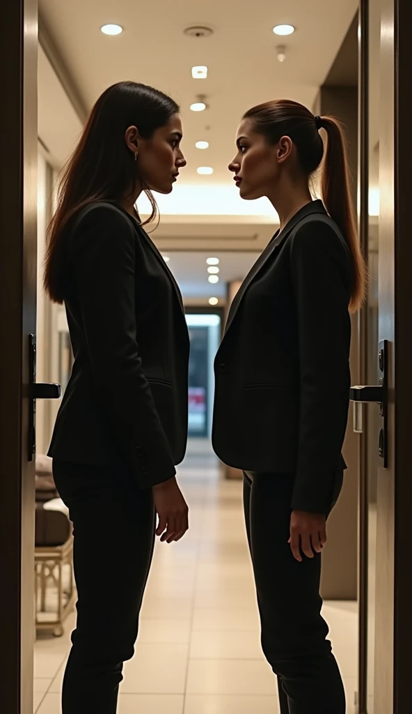 Two bussines women "Two women stand face-to-face at the doorway of a modern fashion boutique with sleek tiles and bright lighting. They are intensely staring each other down, their faces close, filled with tension and rivalry. One woman has her hand on the...