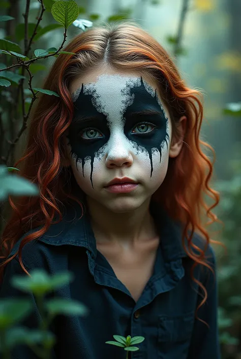 Boy having long colored hairs and black and white face along with nature 