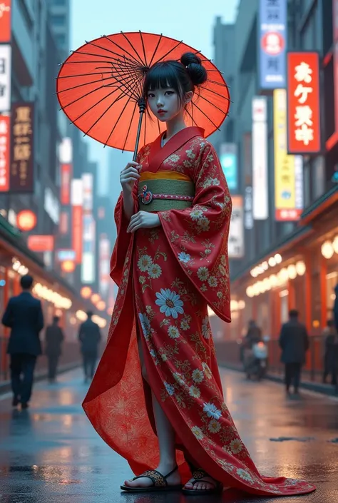  high definition 、 best quality、Ultra fine、 cinematic、 Android with the face of a person wearing a gorgeous kimono with a highly detailed and hyperrealistic finish。Wear sandals 。 have a Japanese-patterned drawstring 。Holding a Japanese umbrella。Posing in t...