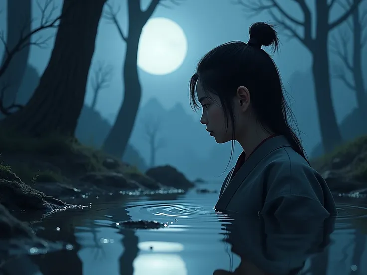 E looks at a puddle of water in a moonlit forest landscape .  His face reflected in the swaying water is distorted and suggests emotion.  But it would be nice if he was wearing a Korean-style martial arts suit, and , He must have a slightly nervous express...