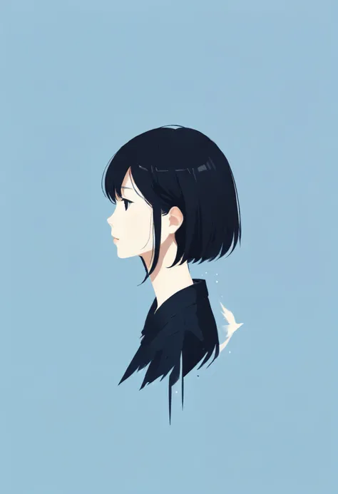 Minimalist illustration , woman、 black hair、 shortcut 、Patsun、profile