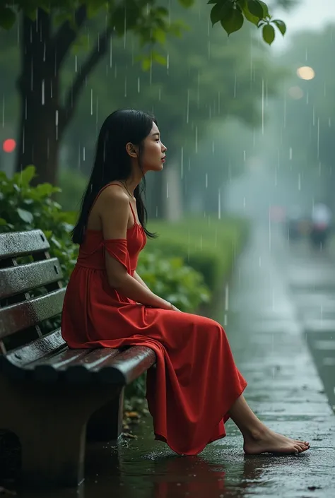 there is a woman sitting on a bench in the rain, a portrait inspired by Ni Yuanlu, cg society contest winner, realism, nivanh chanthara, in style of lam manh, photo of a woman, a young asian woman, nuttavut baiphowongse, south east asian with round face, d...