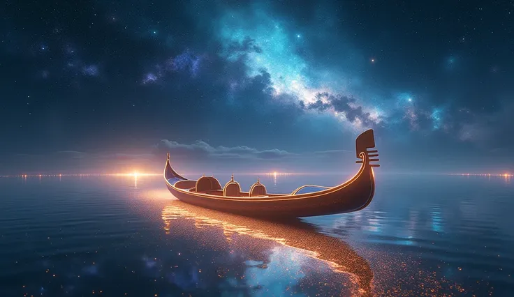 Correct composition, symmetrical composition, An exquisite Venetian gondola floats in space, as if floating on a shimmering river of light that resembles a cosmic canal. The gondola is illuminated with a soft, warm light, creating an aura of calm around it...