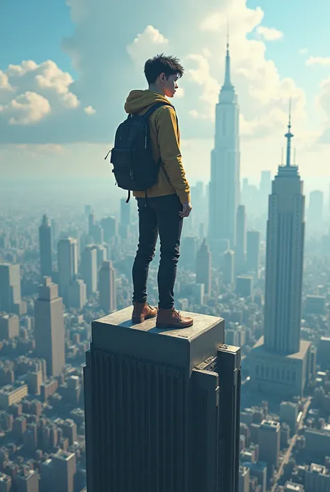 A young man stand up a  building 