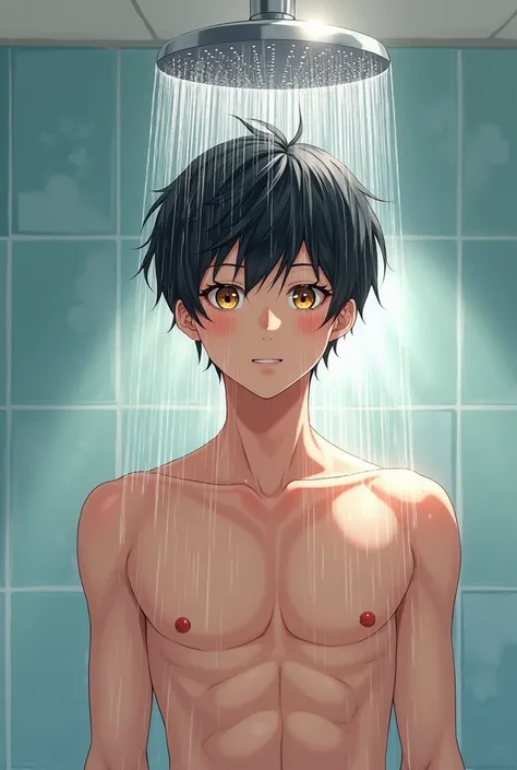 a beautiful anime boy with beige eyes,black hair,smiling and blushing,taking a shower,showerhead above his head,wet body with water droplets,shirtless,realistic,photorealistic,photo-realistic:1.37,(best quality,4k,8k,highres,masterpiece:1.2),ultra-detailed...