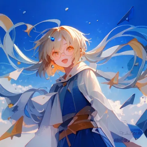 (score_9,score_8_up,score_7_up)，anime，( blond hair ），Golden pupil，Aho，Round glasses， girl，Blue，raindrop，ripple，Water Ripples，Broken Glass，Transparency，8k，Correct human body，Detailed eye painting，illustration， highest image quality，Exquisite，Detailed face， ...