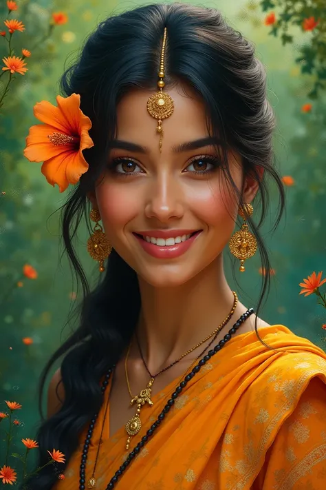 Create an image of an India the image even smiles and has a flower placed on her ear