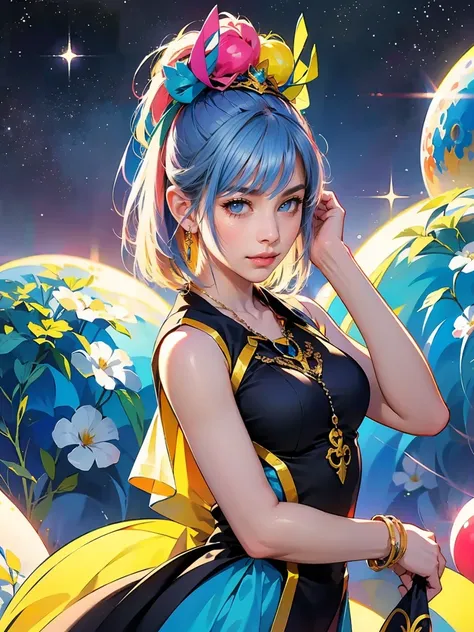 woman with  colorful  hair and a necklace,  anime girl with space hair , rossdraws Pastel Vivid, artwork in the style of Gwaiz,  fantasy art style,  colorful ]”,  Brilliant Fantasy Style , Ross Draws cartoon vivid , cosmic and  colorful , Gwaiz,  colorful ...