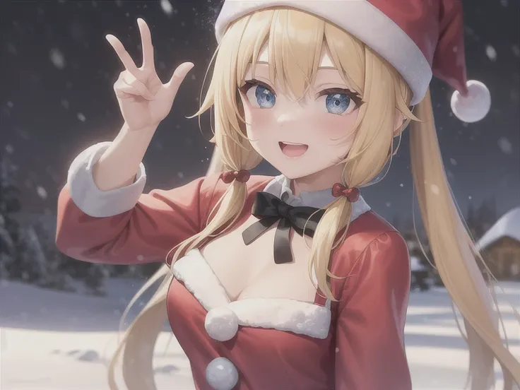 Im happy to raise my hand in the snow、 supple 5 fingers、((Natural 5 fingers))、Cute Girl、Santa hat、 Santa Claus Outfit、blonde pigtails、Countryside Mountain、 its snowing、 artwork、3d、4K、 real、 4K High Resolution Digital Art、 realism、masterpiece、 best quality、...