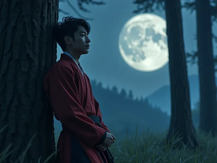  In a forest landscape where the moonlight shines, F is leaning against a tree and looking at the moonlight in the distance with a lonely expression, It must be a long shot image. .  But it would be nice if he was wearing a Korean-style martial arts suit, ...