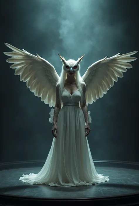 The woman in a white dress on stage has owl face and wings with drak theme 
