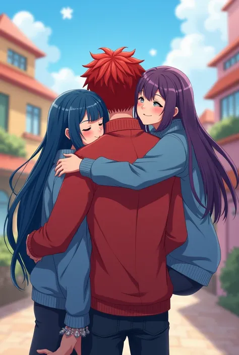 An 18-year-old boy with red ears covered in a red sweater in Anime City picked up an 18-year-old girl with long blue hair and a blue sweater, and a girl with big breasts in the front hugged the boy 