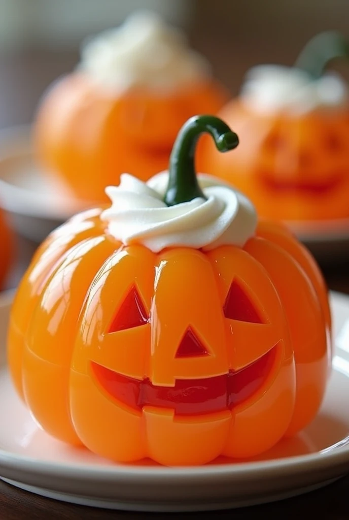 Jack-o-lantern-shaped jelly decorated with whipped cream or color spray