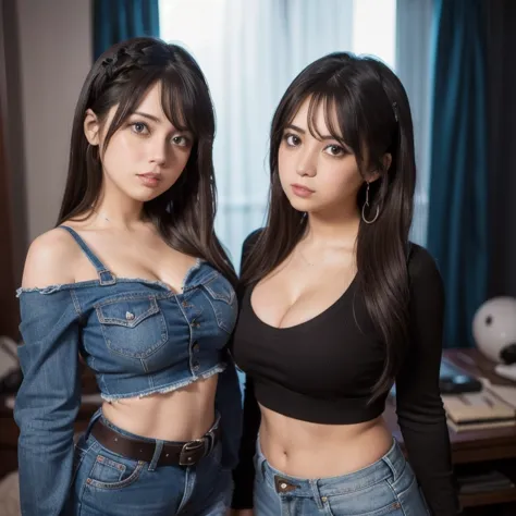 90s dark vintage film style, two super busty cute very chubby mexican nerdy emo teen sisters, short brown hair, beautiful detail...