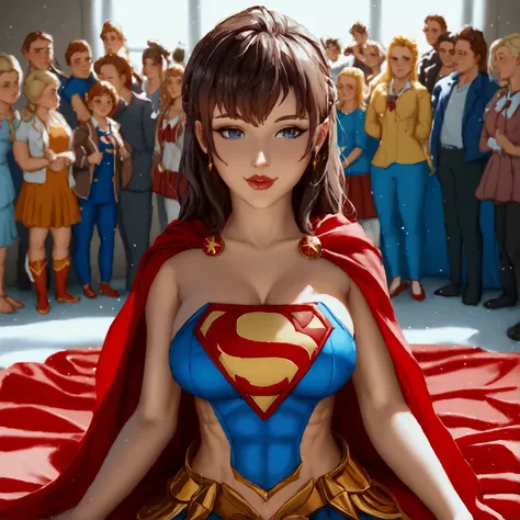 tall  supergirl, detailed, loli, supergirl，huge breast，abs，very detailed，full body，red skirt，red high  heel boots ，red cape，brown hair，anime style，Concept art of a smug Supergirl welcoming the adoration of her fans. A crowd of amazed onlookers gawk at her....