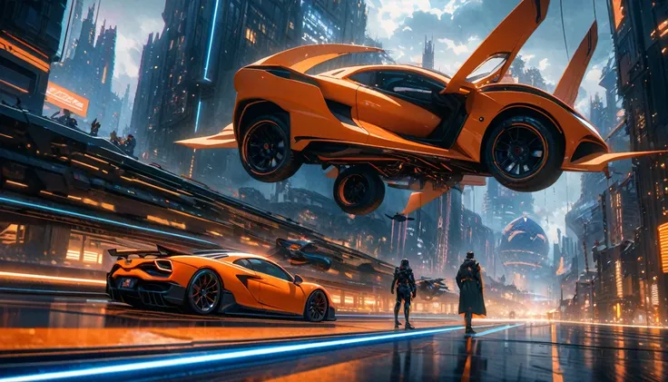 anime aestetics, gigantic science fiction cityscape, orange flying sport car in the center of picture, turbines in the car, view from the back, dark blue skyscrapers, dark night, sceience fiction, dystopia, oil painting. blurry lights, orange and dark blue...