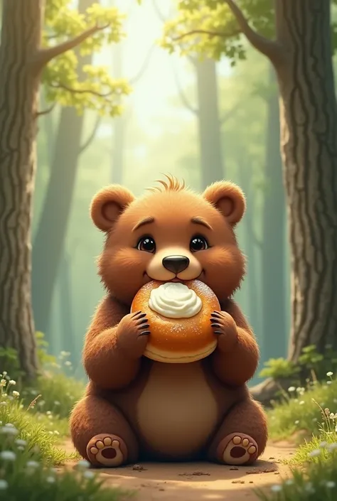 The bear wants to eat a bun with cottage cheese 