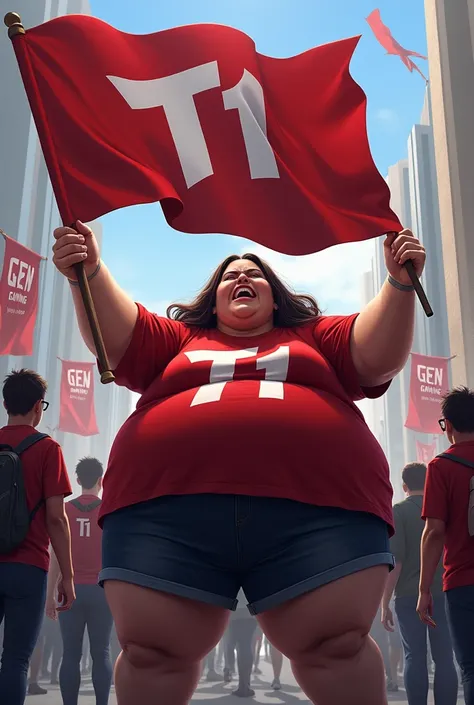 Fat lady protesting with the flag of League of Legends pro game team T1. She is hiding the flag of League of Legends professional gaming team GenG Gaming.