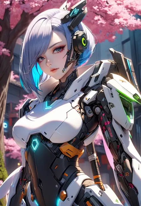  close-up of a robot holding a sword in front of a tree, very beautiful  Cyberpunk Samurai ,  Japanese cyborg , Genji, Genji From Overwatch, echo From Overwatch, From Overwatch,  Ghost in the Shell　Geisha robot,  Cyberpunk Samurai , Cyberpunk Geisha,  kata...