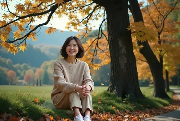 A beautiful little Korean woman in her 50s  、 short medium length hair 、  Top Quality  、VERY DETAILED、  high quality detail  、8k、Abundant autumn forest 、  beautiful Korean woman in her 50s  .  Im wearing a luxurious beige sweater and casual pants. short me...