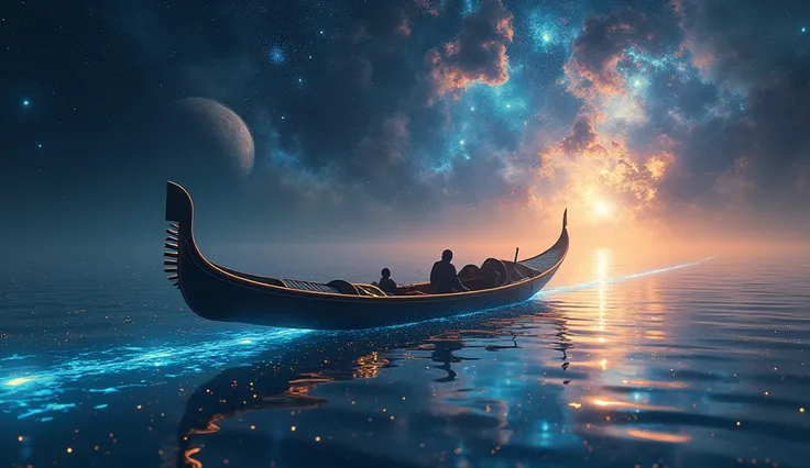 Correct composition, symmetrical composition, An exquisite Venetian gondola floats in space, as if floating on a shimmering river of light that resembles a cosmic canal. The gondola is illuminated with a soft, warm light, creating an aura of calm around it...