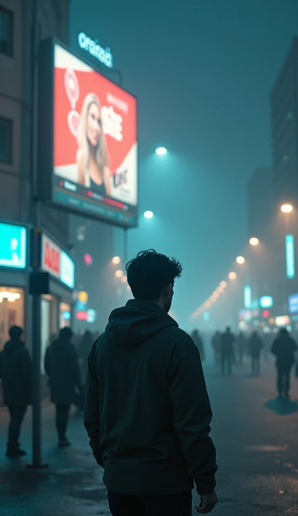 A foggy, cinematic scene of a person standing at a busy street corner, looking at an advertisement on a glowing billboard. The fog rolls in around them, creating an almost surreal effect. The individual’s face shows a moment of doubt, as if questioning the...