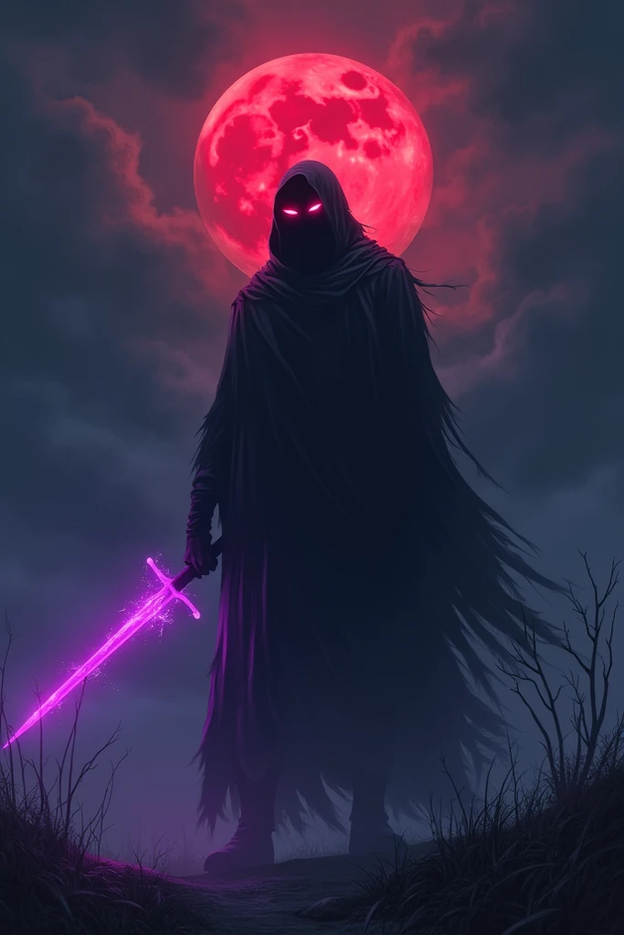 A shadow man holding a purple katana with dark red night background where the shadow man eyes glow red  and there is a blood red moon on the sky