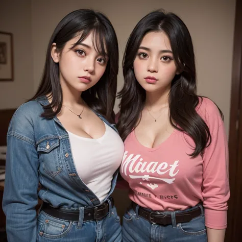 90s dark vintage film style, two super busty cute very chubby mexican nerdy emo teen sisters, short brown hair, beautiful detail...