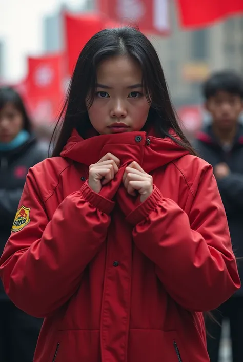  A fat, sullen Asian lady protesting with the flag of League of Legends pro game team T1. But shes hiding the yellow flag .