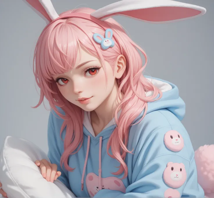 sexy anime girl in a onesie red eyes pink hair bunny ears 