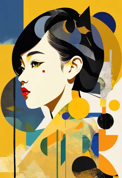 Thai woman：dadaist。Minimalist geometry，multi-layered collage，Vector portrait，Geometric Dislocation，Collage，Artistic sense, portraiture paint yellow circle background 